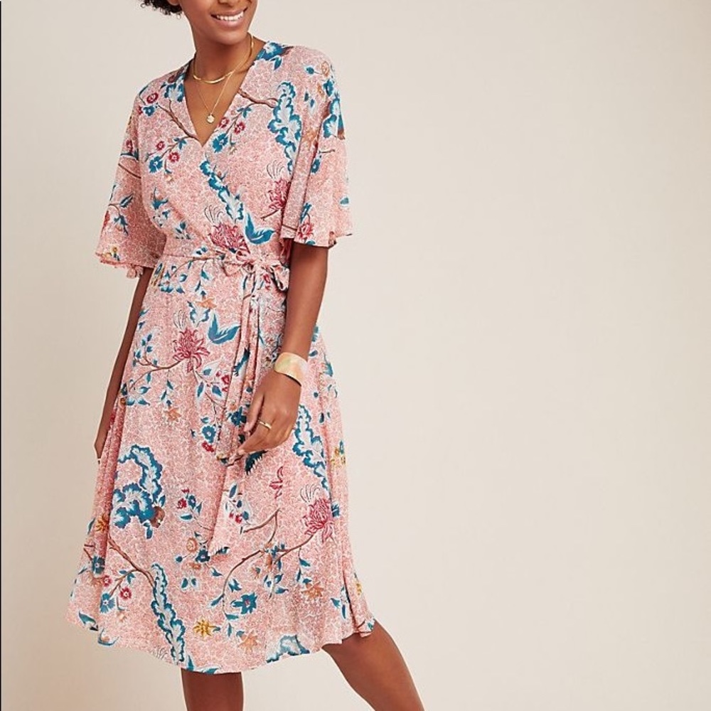 Anthropologie Pink Floral Wrap Midi Dress with Blue Accents